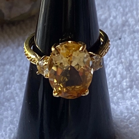 Large Real Citrine Faceted Oval & Topaz Ring Gold over 925 Silver Vermeil Size 7 - Picture 13 of 14